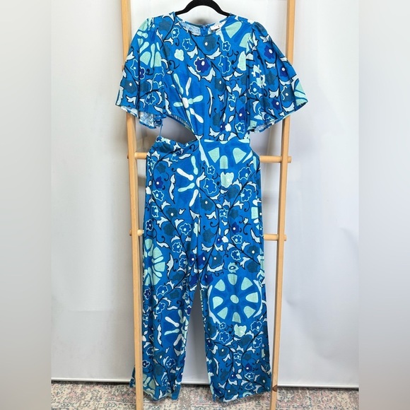 RHODE Blue Floral Linen blend wide leg  flutter sleeve Jumpsuit size S - Picture 3 of 13